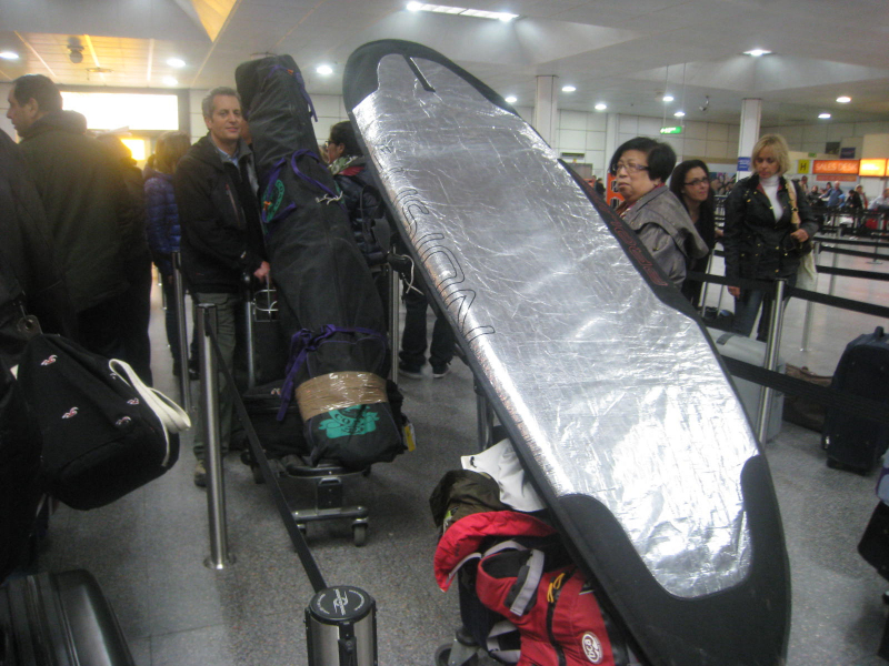 Boarding Easy Jet with Windsurfer